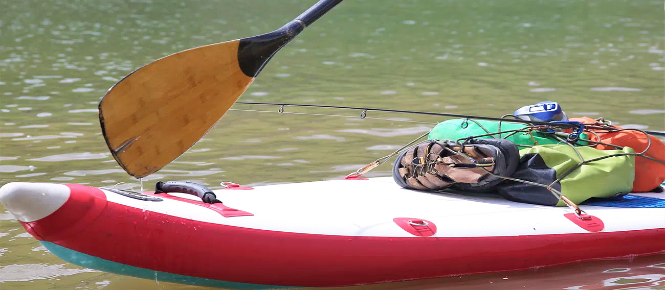 Paddleboard on shore with rider holding paddle