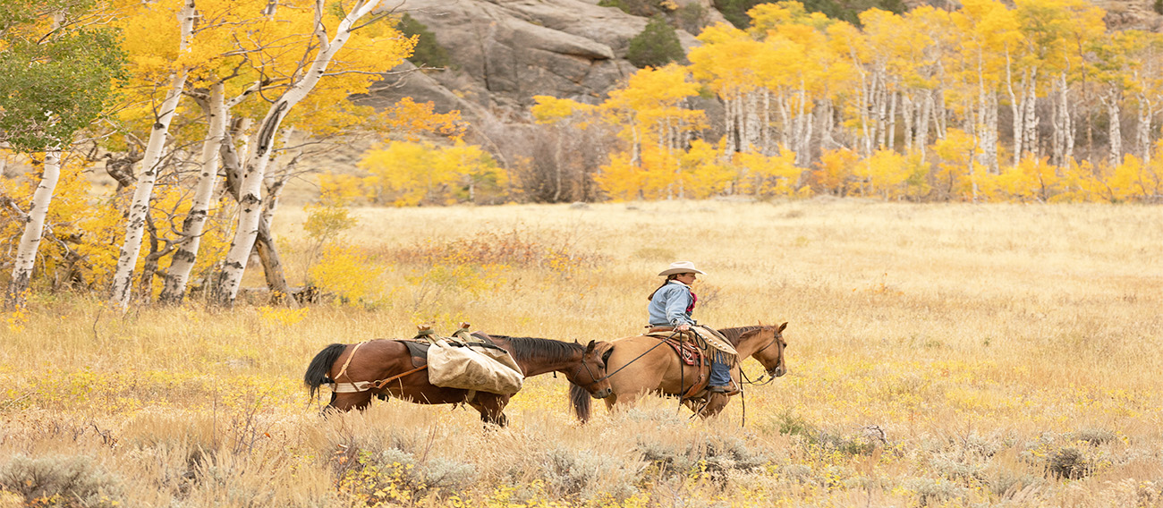 Women on Horseback behind Aspen Mountain leading hourse