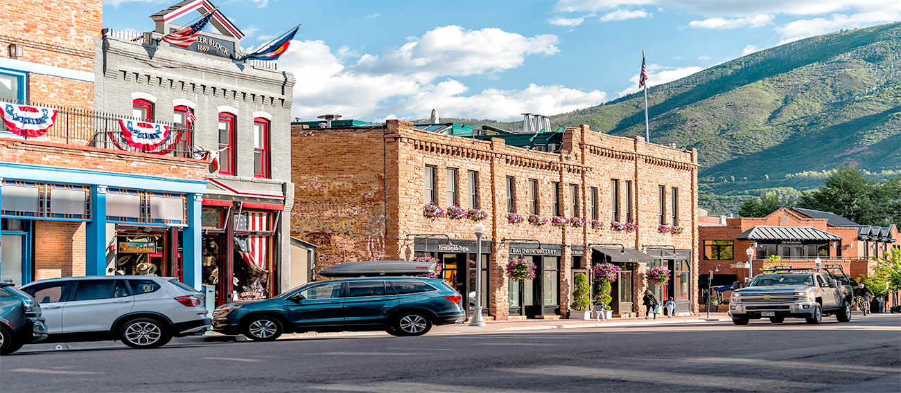 Downtown Aspen, Colorado in Summer with local business on side street